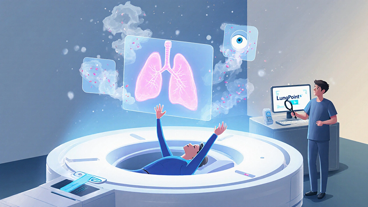 A person in a CT scanner with glowing lung images and AI icons floating nearby, surrounded by soft blue radiation haze.