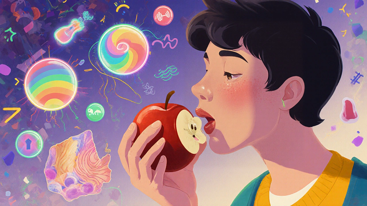 A person savoring an apple with floating sensory symbols representing sight, smell, sound, touch, and taste.