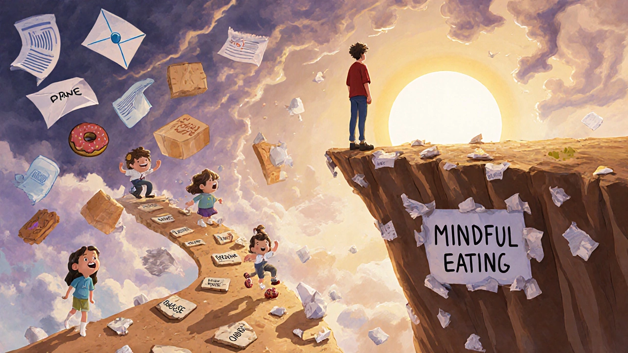 A person standing at a cliff of food wrappers, choosing a mindful path toward calm and self-awareness.