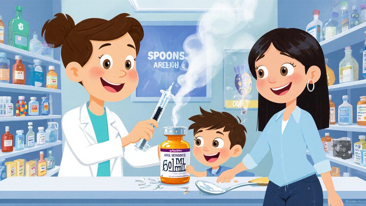 A pharmacist handing a parent an oral syringe, with a broken spoon fading into smoke in the background.