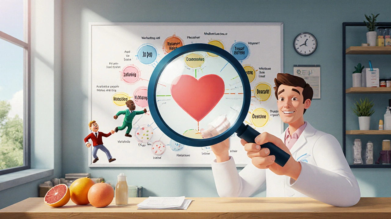 A pharmacist using a magnifying glass over a chart of interacting medications, with animated symbols of drugs and foods in conflict.