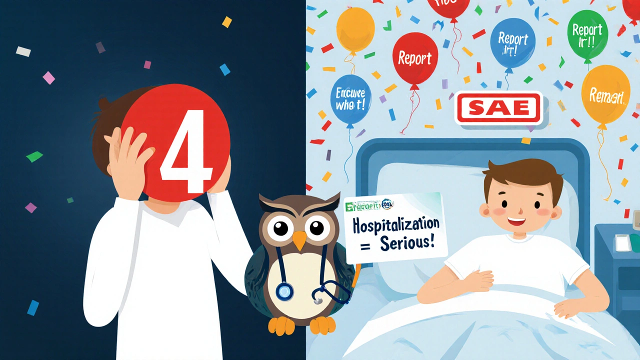 A split scene contrasting severe symptoms with hospitalization, showing how only certain outcomes qualify as serious adverse events.