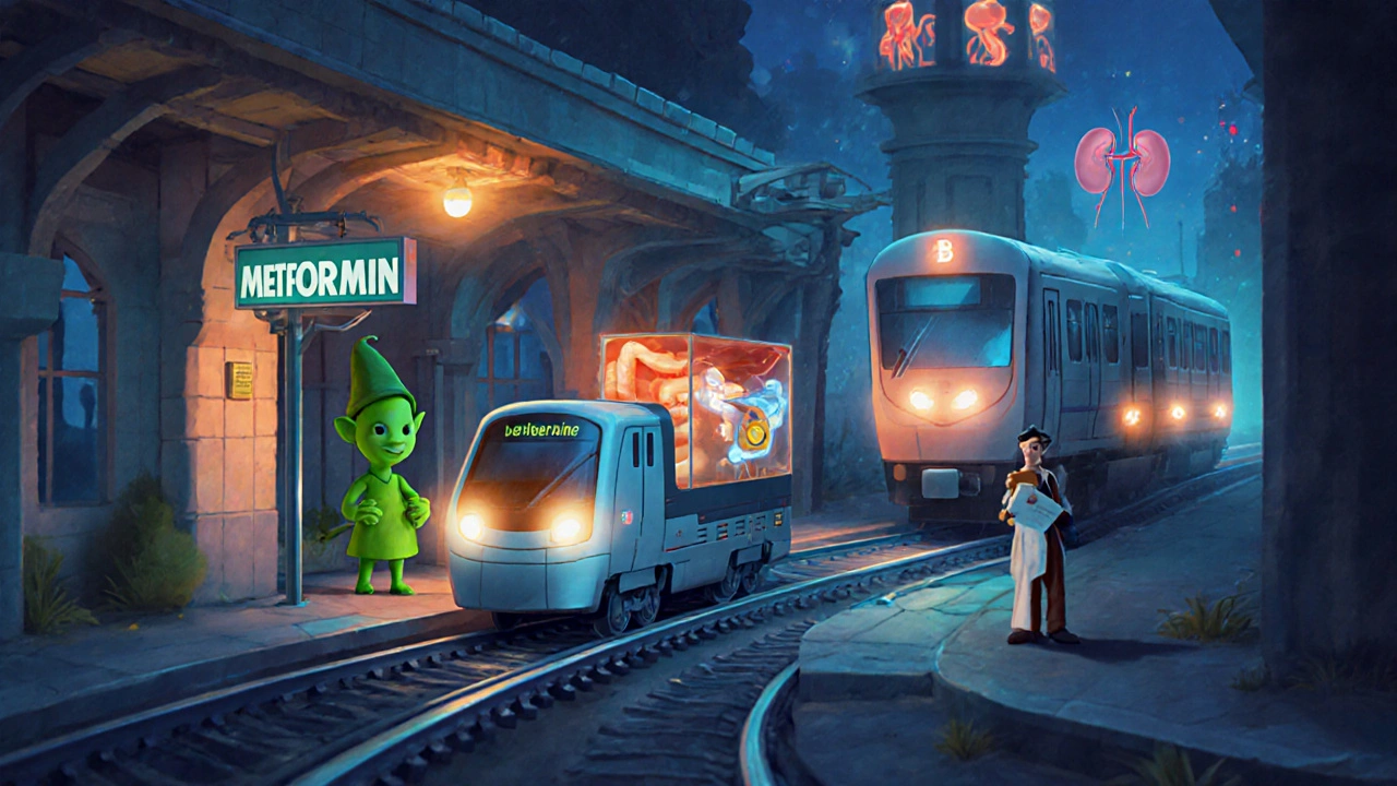 A whimsical digestive tract subway where metformin trains are blocked by berberine, with a doctor watching.
