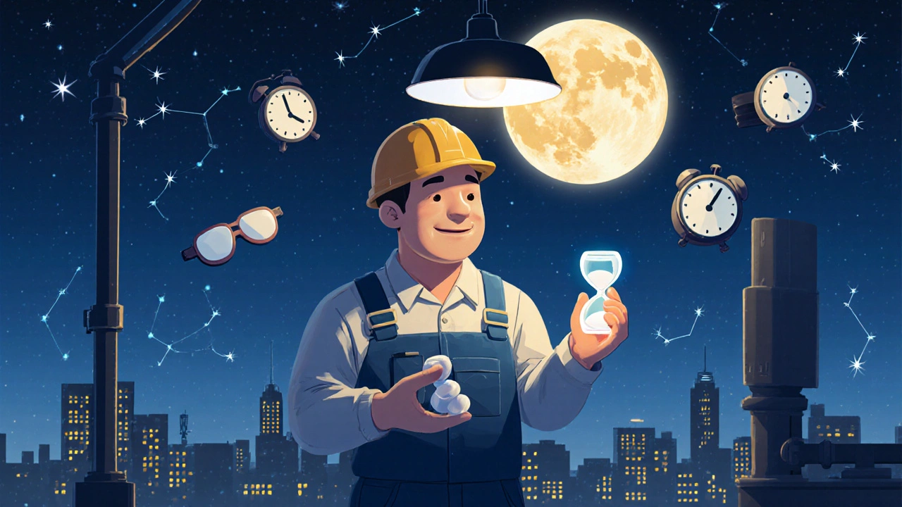 A worker under bright light holding modafinil pills as sleep masks and blue-light glasses float like stars around them.