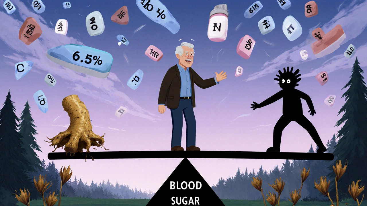 An elderly man on a seesaw with wild blood sugar numbers above him, goldenseal root crumbling on one side.