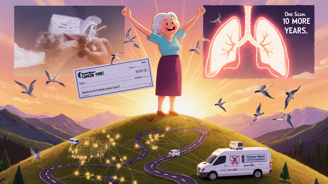 An elderly woman celebrating cancer-free on a hill, with scenes of her screening and surgery in the background.