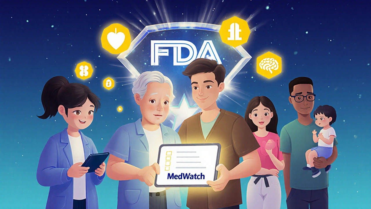 Diverse patients report side effects through a MedWatch tablet, with floating medical icons signaling urgent but non-critical events.