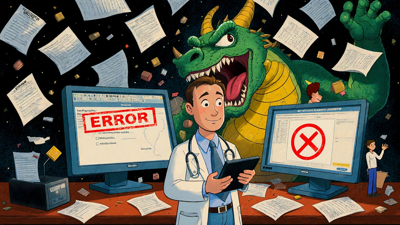 Doctor overwhelmed by PDMP monitors and a paperwork dragon while a patient waves from afar.