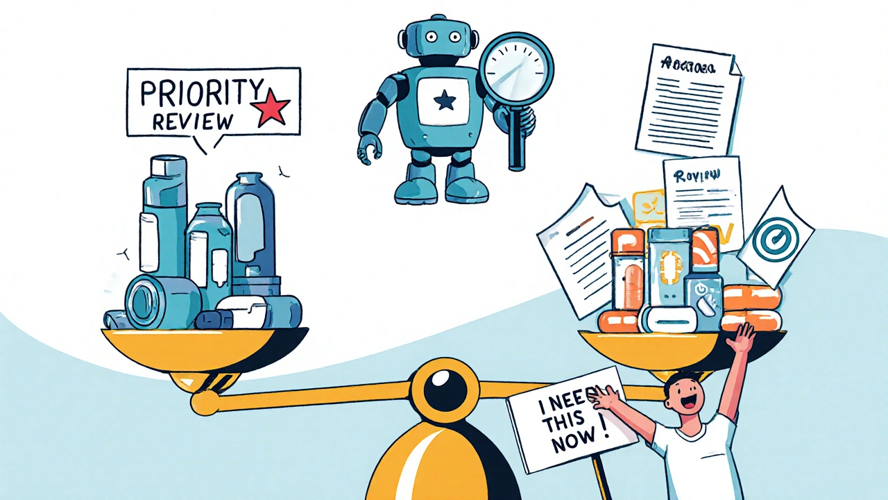 FDA scale balancing complex drugs with priority review star, AI robot scanning documents.