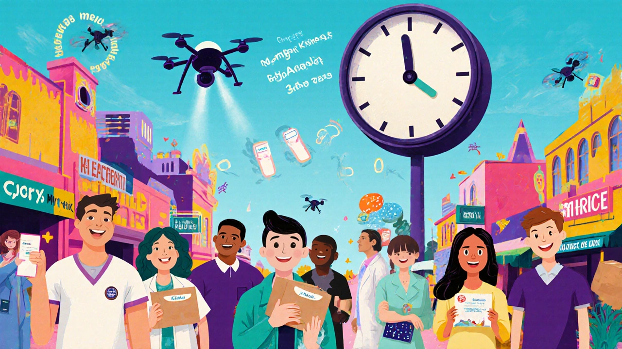Happy patients receiving non-controlled meds via drones as a clock ticks toward 2026 deadline.