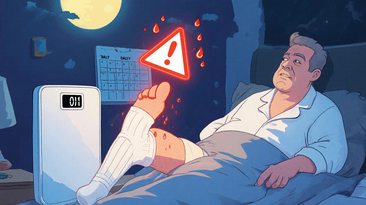 Man elevating his leg at night with compression socks and a digital scale showing weight gain.