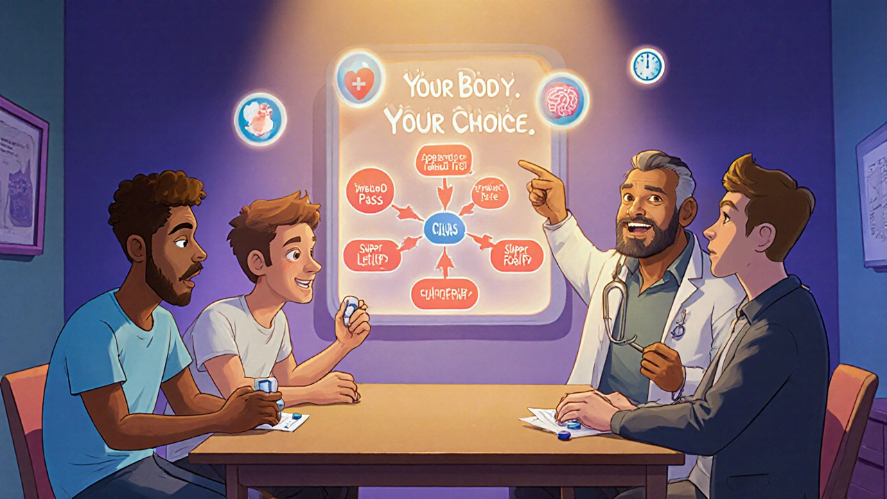 Men at a table comparing ED/PE pills, with a doctor pointing to a flowchart titled &#039;Your Body, Your Choice&#039;.