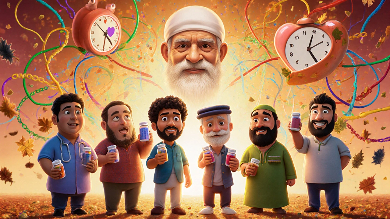 Men from different cultures standing together in a circle, holding pill bottles as glowing threads connect them.