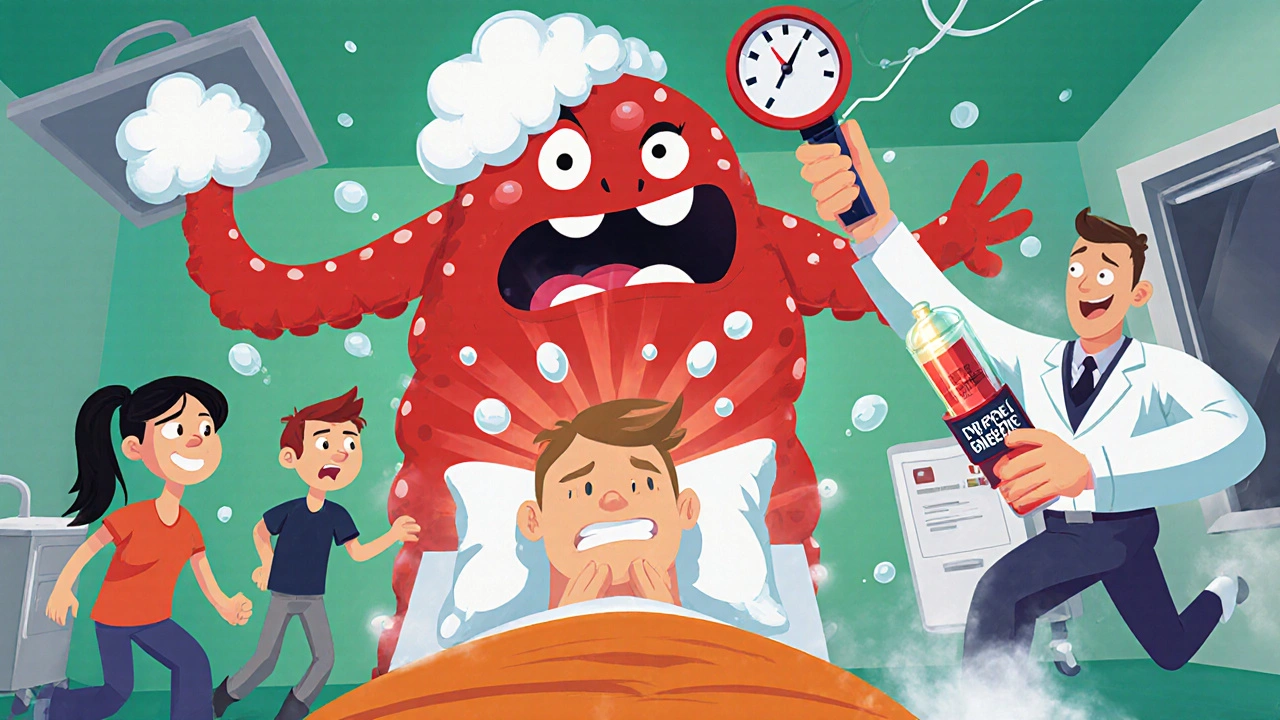 Patient in emergency room with anaphylaxis monster, family member administering EpiPen, doctor holding safe pill.