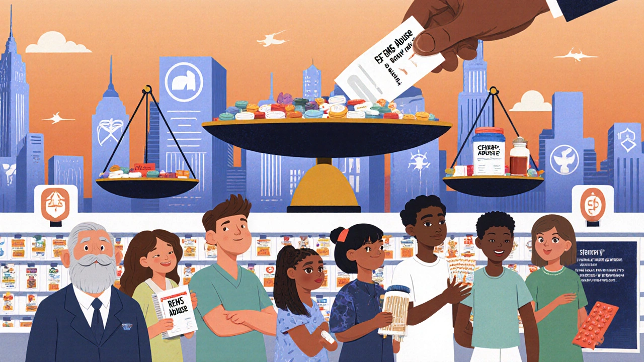 Patients lined up with different drug versions, scale tipped toward expensive pills under REMS abuse.