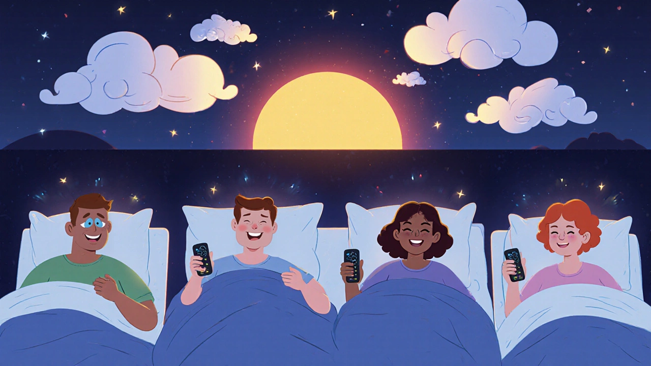 People sleeping peacefully with subtle implants, remote controls nearby, snoring clouds disappearing into dawn.