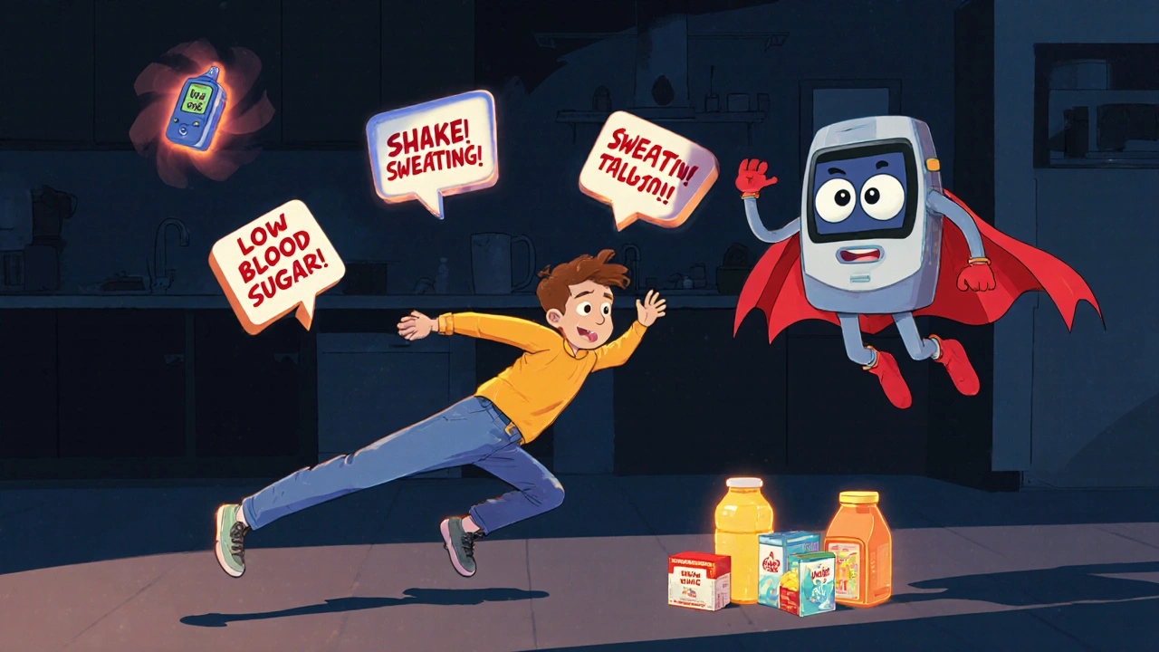 Person falling from low blood sugar as a friendly CGM device flies in to help with juice boxes nearby.