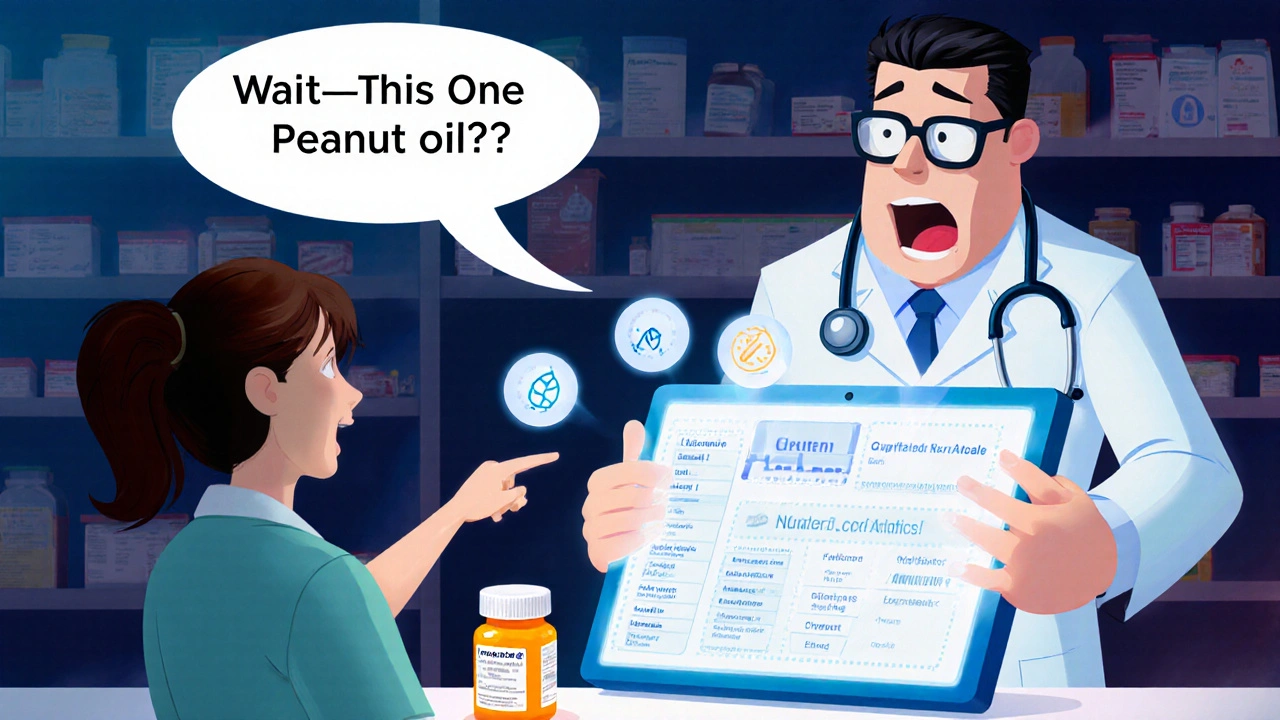 Pharmacist shocked as glowing allergen icons appear on a tablet beside a prescription bottle.