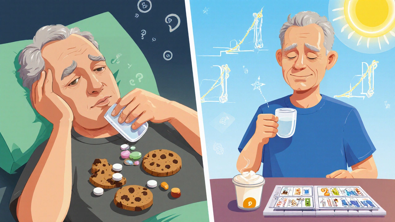 Split scene: crumbling bones from wrong pill timing vs. healthy bones with proper routine.
