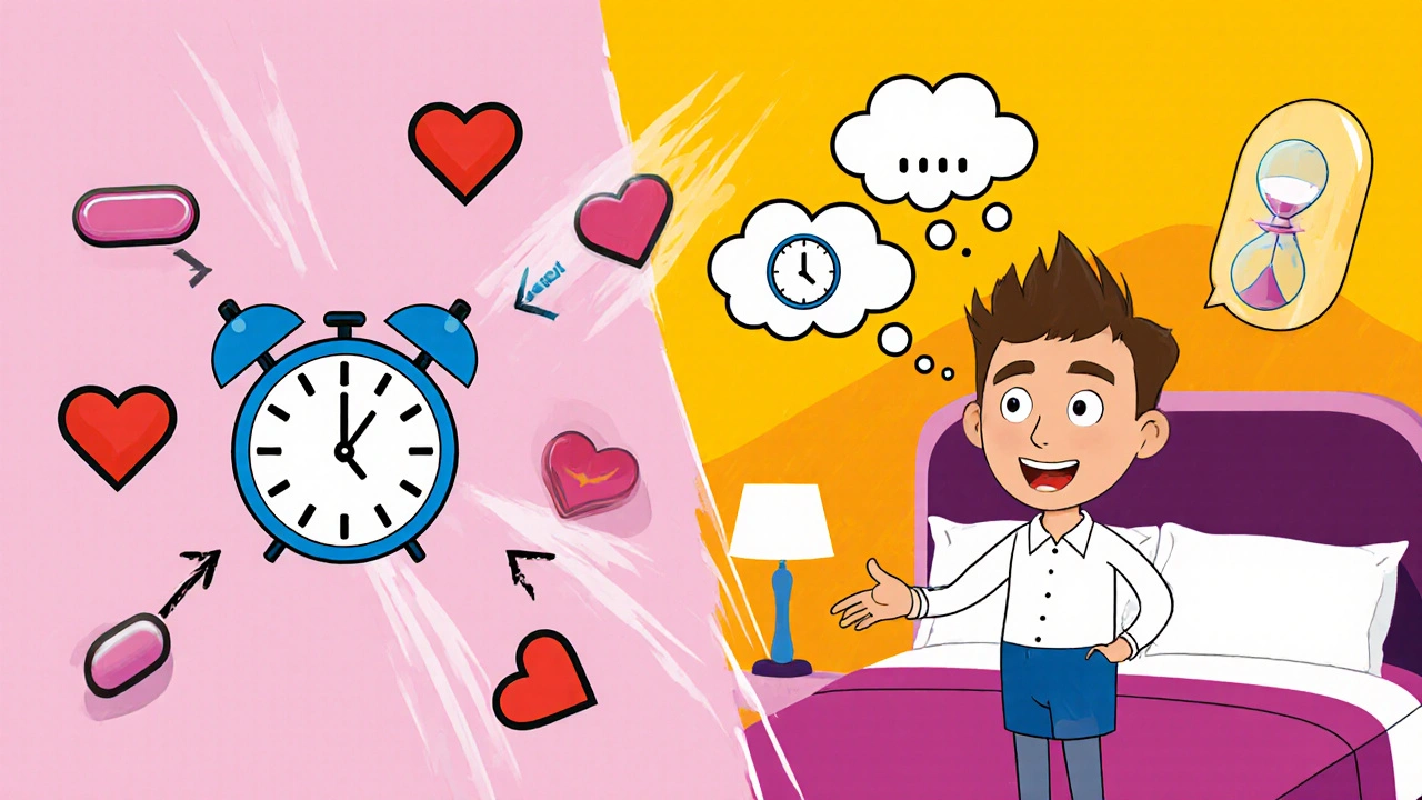 Split scene: one man with Viagra and a clock, another with Super Levitra and dual arrows to erection and delayed ejaculation.