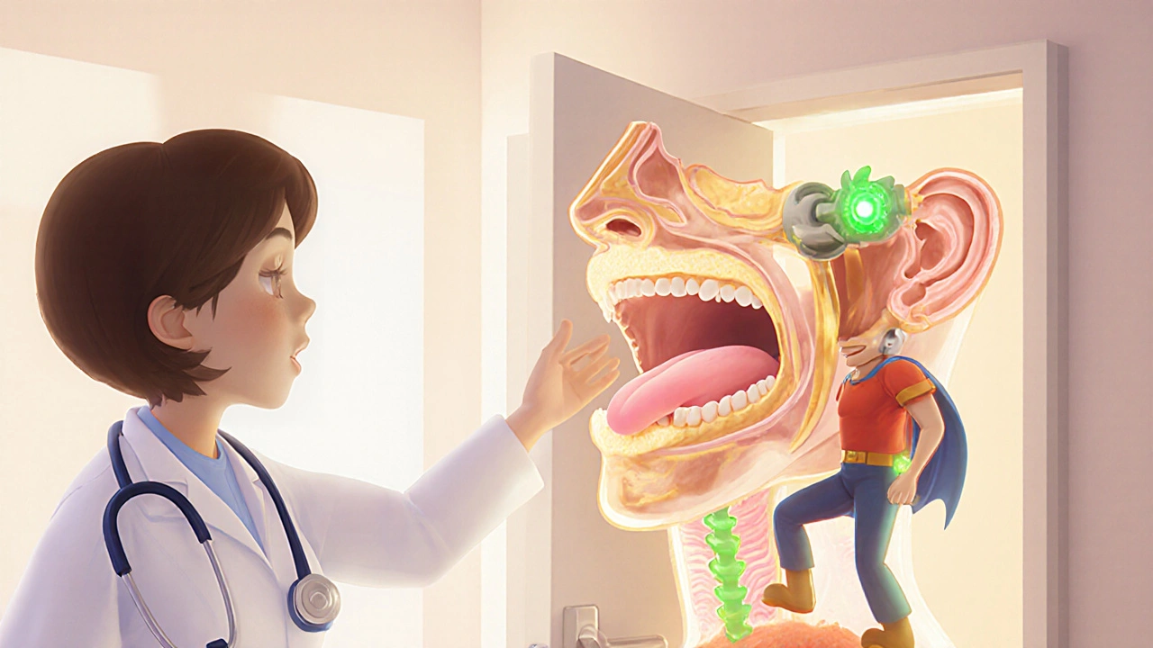 Transparent illustration showing a device stimulating the tongue to prevent airway collapse during sleep.