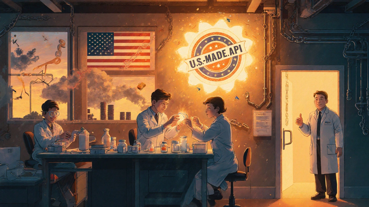 U.S. lab assembling generic drug with U.S.-made ingredients, FDA inspector smiling nearby.