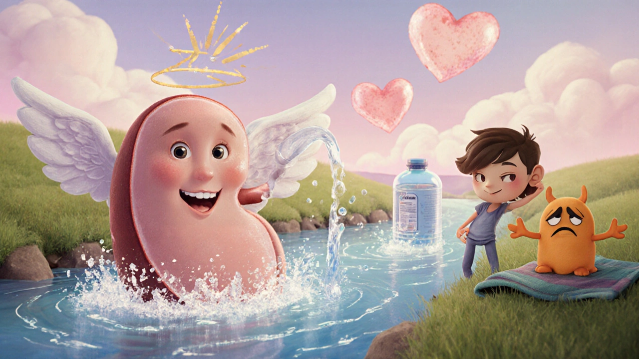 Whimsical kidney with wings flushing sugar into a river while a yeast monster hides, water bottle pours hydration.
