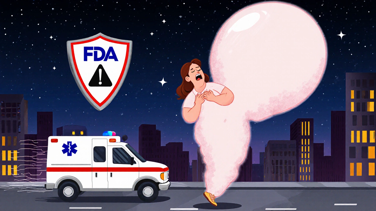 Woman in emergency with one swollen leg like a balloon, clutching chest, ambulance approaching at night.