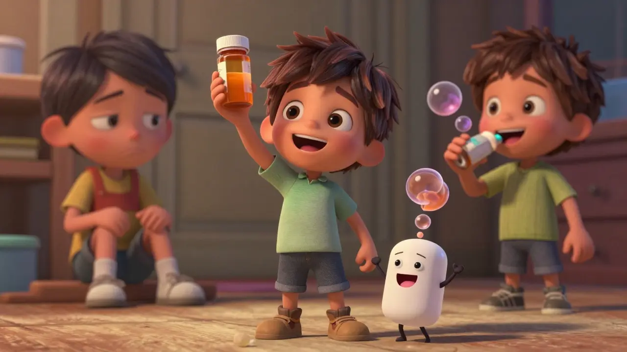 A boy celebrating after taking his medicine, with a cartoon medicine character dancing beside him in a transformed, joyful scene.