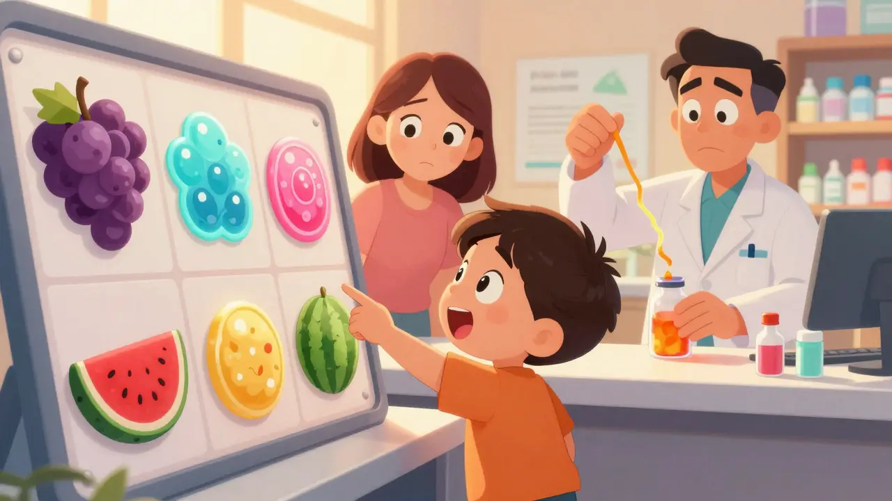 A child choosing a medicine flavor at a pharmacy counter, with cartoonish flavor options and a pharmacist adding flavor to a bottle.