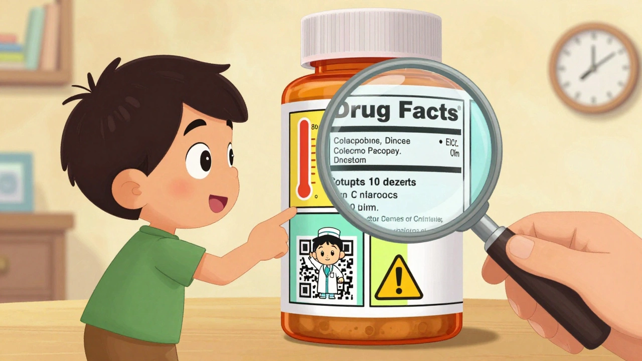 A child uses a magnifying glass to reveal animated sections of a drug facts label, including a rising danger meter and QR code pharmacist.