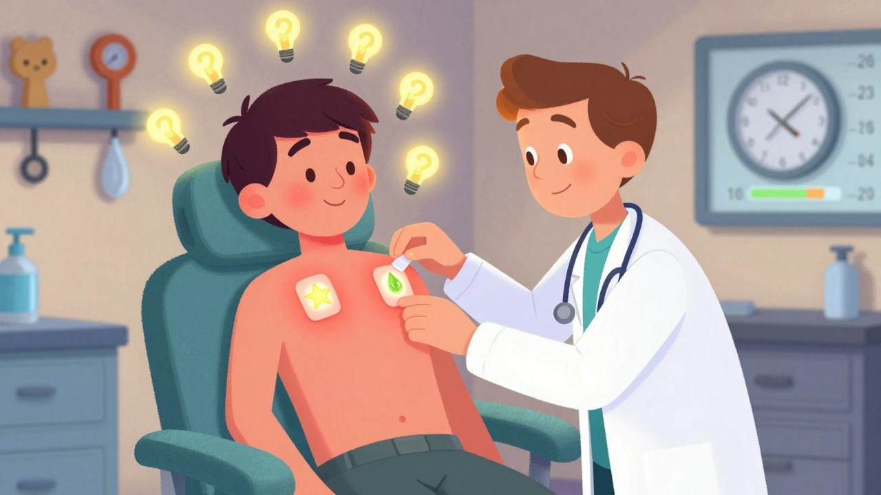 A dermatologist applies glowing patches to a patient&#039;s back, with time-lapse red reactions appearing beneath.