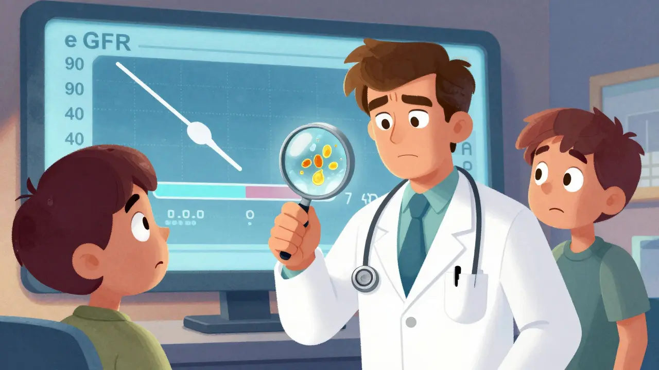 A doctor examining a glowing urine sample with leaking proteins, while an eGFR number drops on a screen.