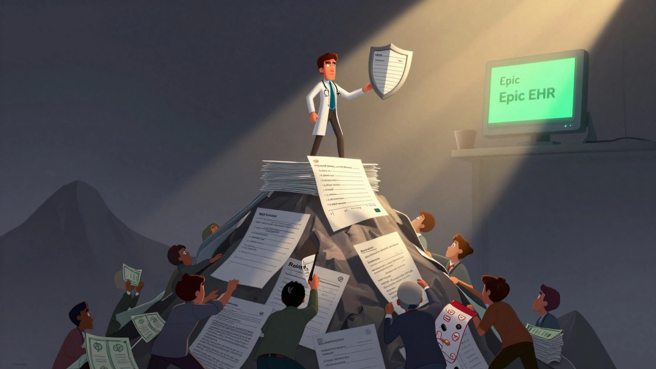 A doctor stands on a pile of medical notes, protected by a documentation shield, as lawsuits and bills try to pull them down.