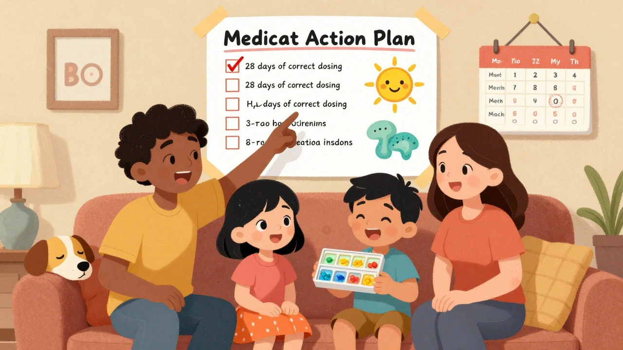 A family gathered around a wall-mounted Medication Action Plan with a pill organizer shaped like a sun and a review calendar.