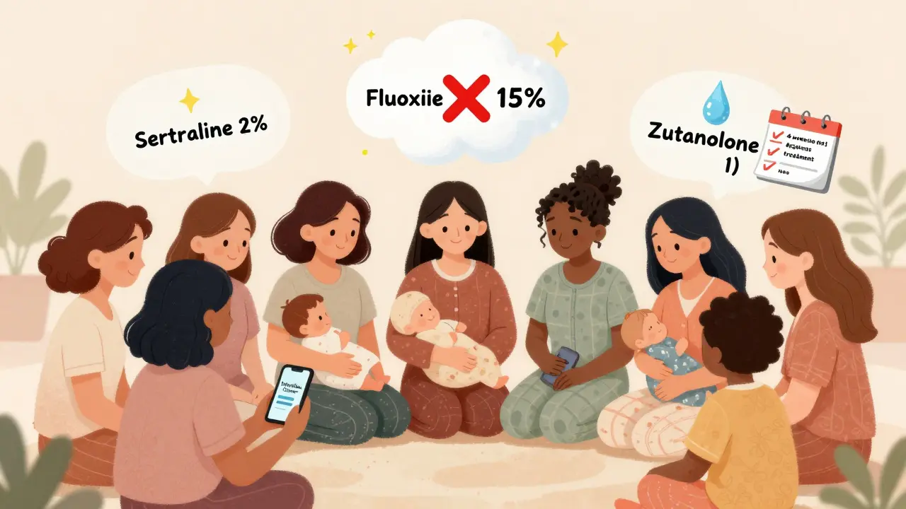 A group of new mothers in a support circle, with floating illustrations showing safe and unsafe medication transfer levels.