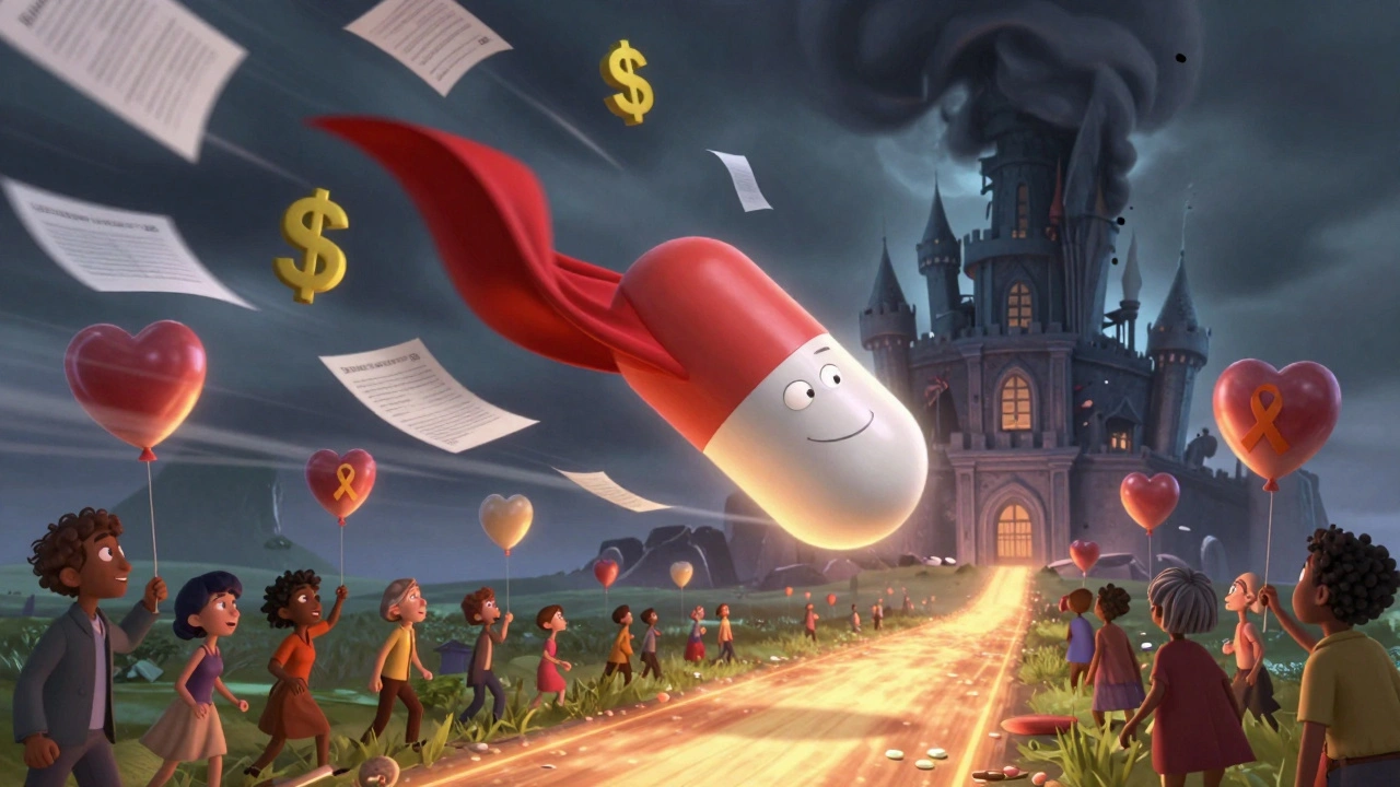 A heroic generic pill flies past patent papers as big pharma castle collapses in the distance.