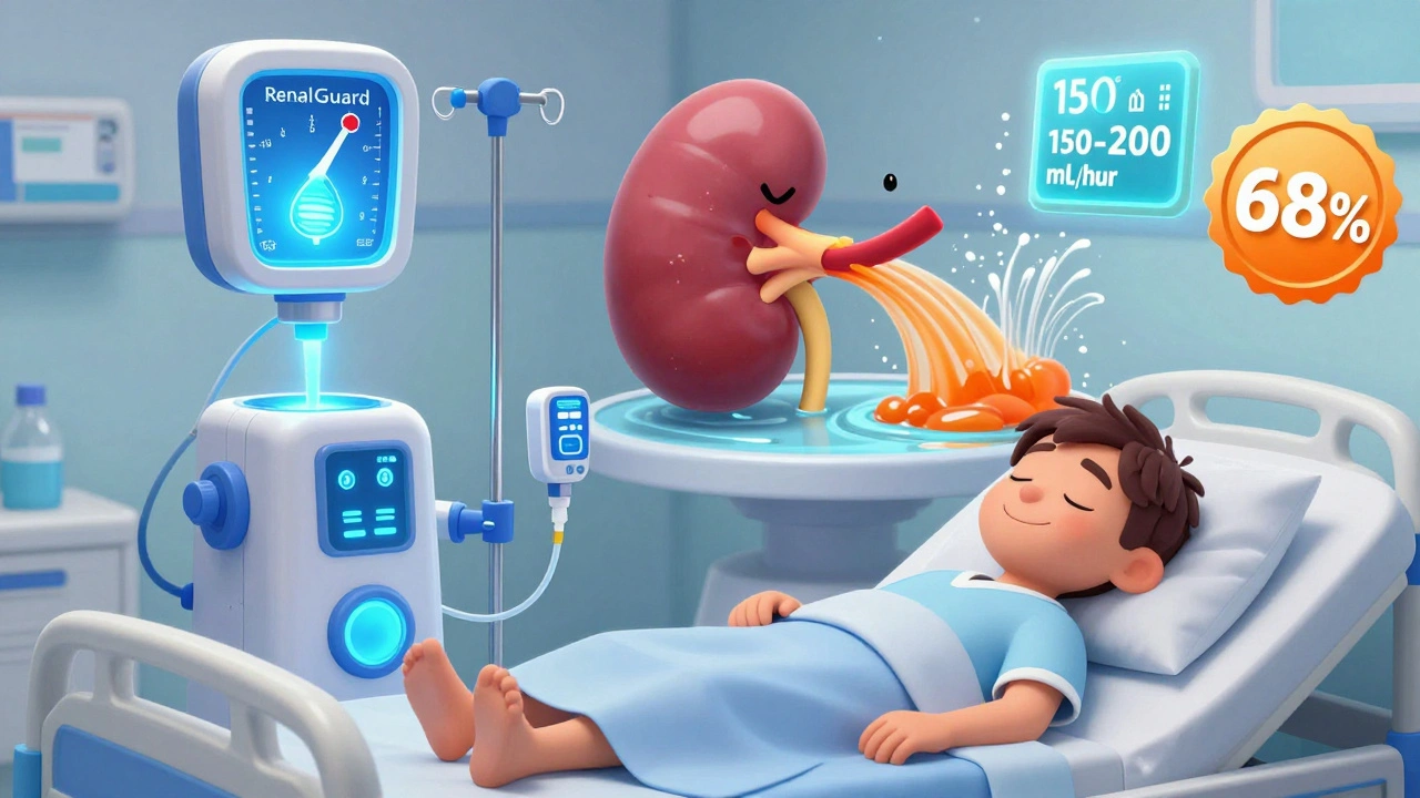 A high-tech RenalGuard machine monitoring urine output to protect a patient&#039;s kidney from contrast damage.