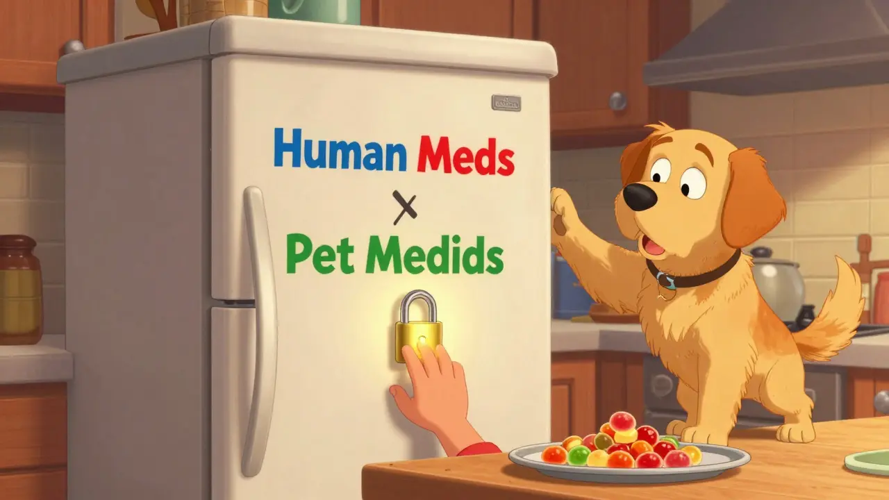 A locked storage box on a kitchen cabinet with child and dog trying to reach gummy vitamins.
