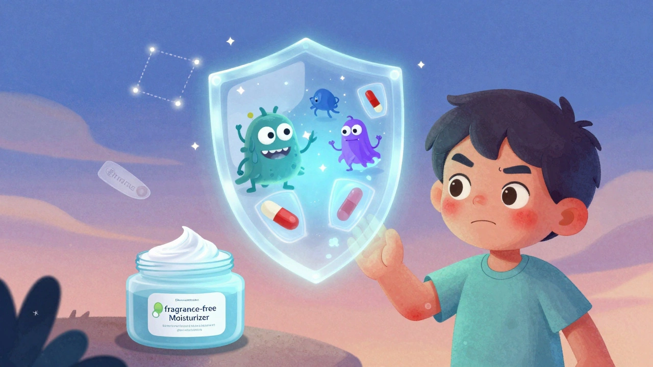 A magical barrier cream shields skin from cartoon allergens, turning red rash into calm, healthy skin.