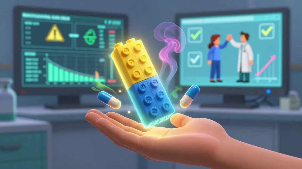 A modular pill with LEGO-like pieces floats above a patient's hand as separate pills disappear into smoke.