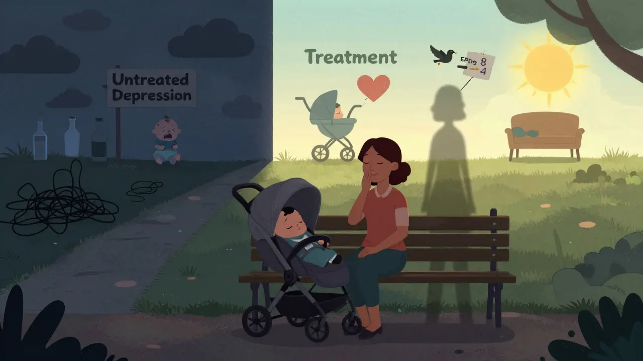 A mother and baby on a park bench at dawn, with a visual contrast between the dark path of untreated depression and the bright path of treatment.