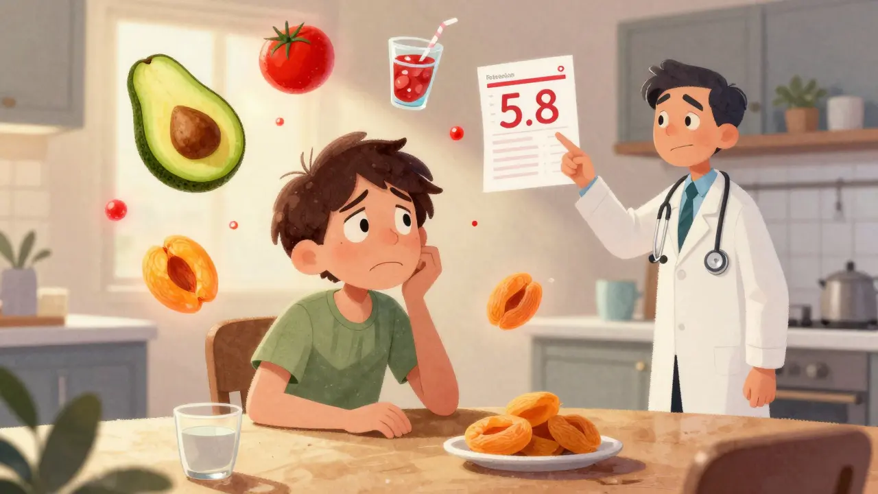 A patient at a kitchen table surrounded by glowing high-potassium foods and a blood test reading '5.8'.