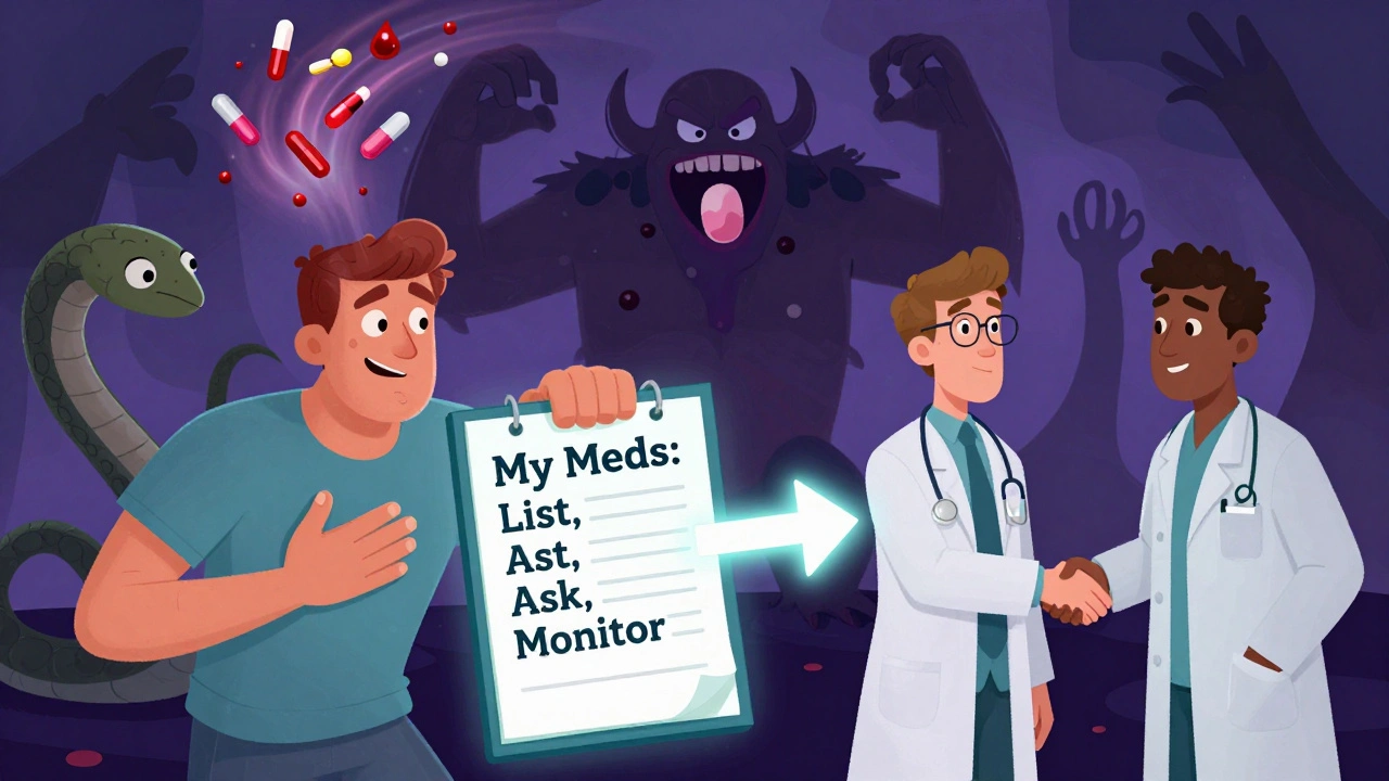 A patient confronted by monstrous drug interactions while holding a safety checklist.