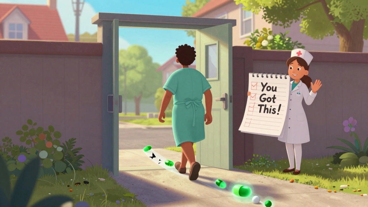 A patient walks home from the hospital with floating pills—some intact and glowing, others breaking apart—as staff cheer them on.