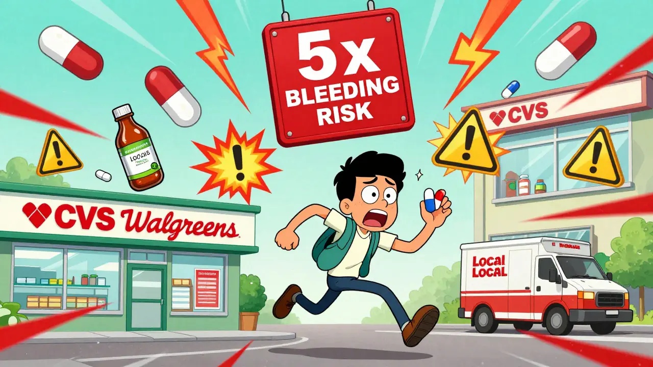 A person running between multiple pharmacies as dangerous red warning symbols explode between pills.