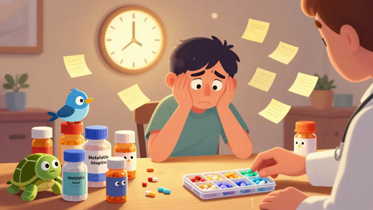 A person surrounded by colorful pill bottles with faces, overwhelmed by medication chaos, with a doctor introducing an organizer.