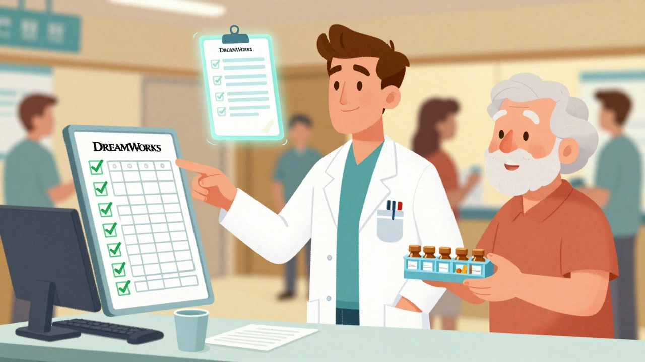 A pharmacist explains a clear medication plan to a smiling patient at discharge, with a visual checklist guiding the process.