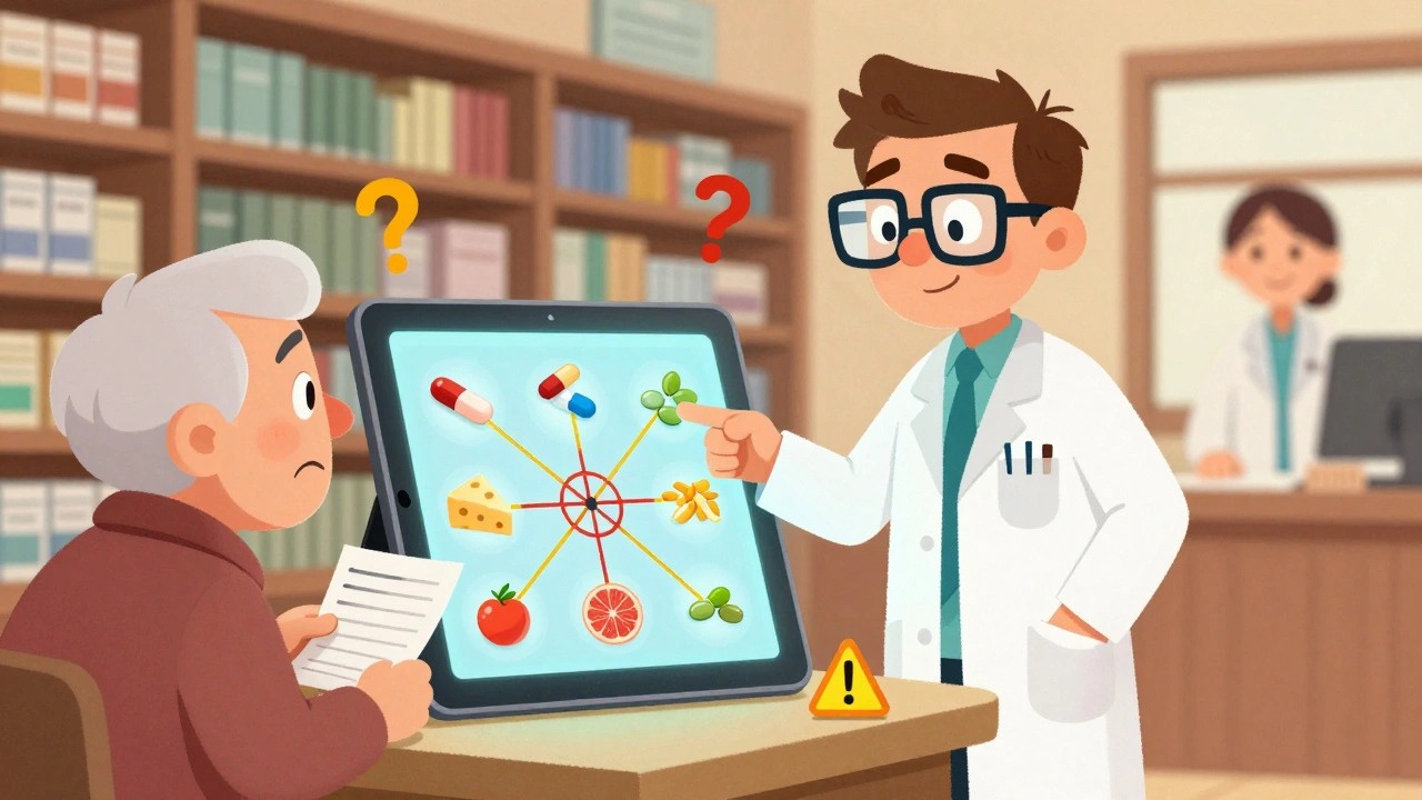 A pharmacist explains drug interactions using a warning-filled tablet to an elderly patient.