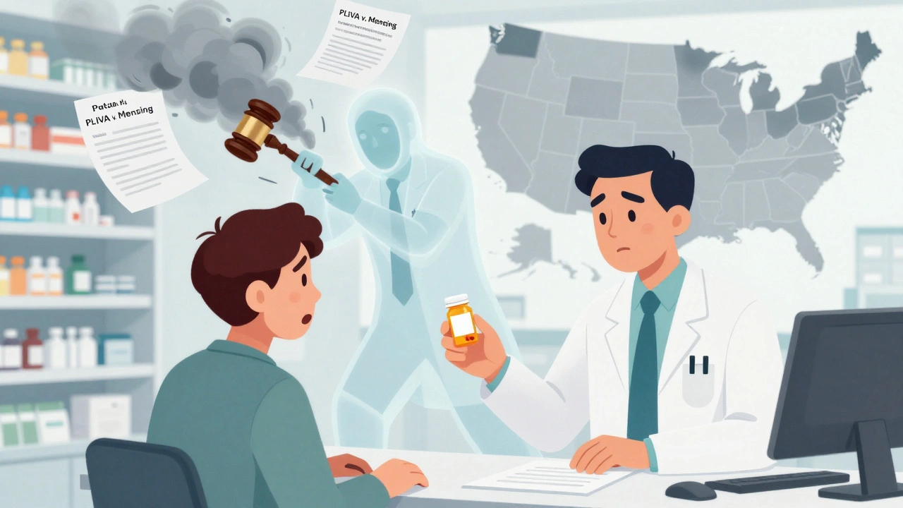 A pharmacist gives a generic pill bottle to a patient as ghostly legal images surround a doctor being pulled into court.